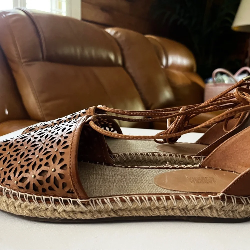 Anthropologie size 8 Brown Leather Laser-Cut Espadrille Ankle-Tie Sandals - Picture 1 of 7